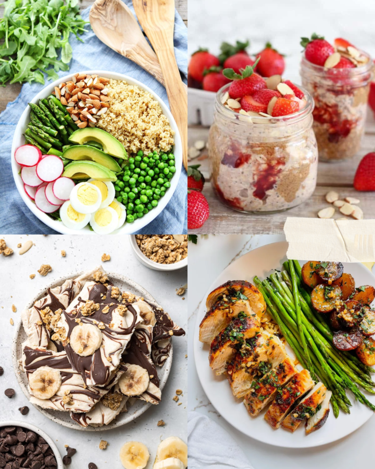 Collage of spring-inspired meals including a quinoa bowl with asparagus, peas, radishes, avocado, egg, and almonds; strawberry overnight oats; banana yogurt bark with chocolate and granola; and chicken with asparagus and roasted potatoes.