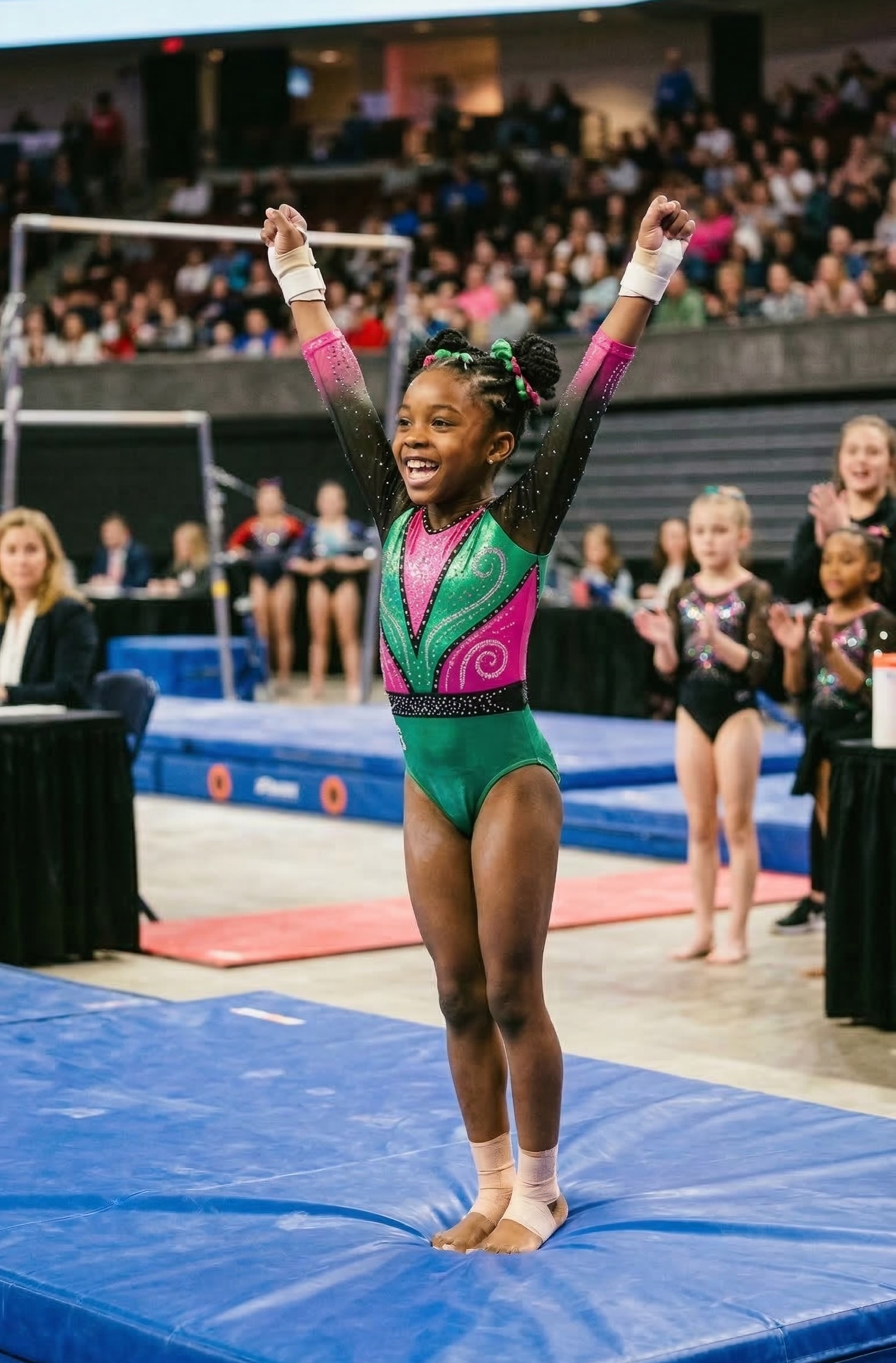 Young competitive gymnast performing at a gymnastics meet in front of a crowd