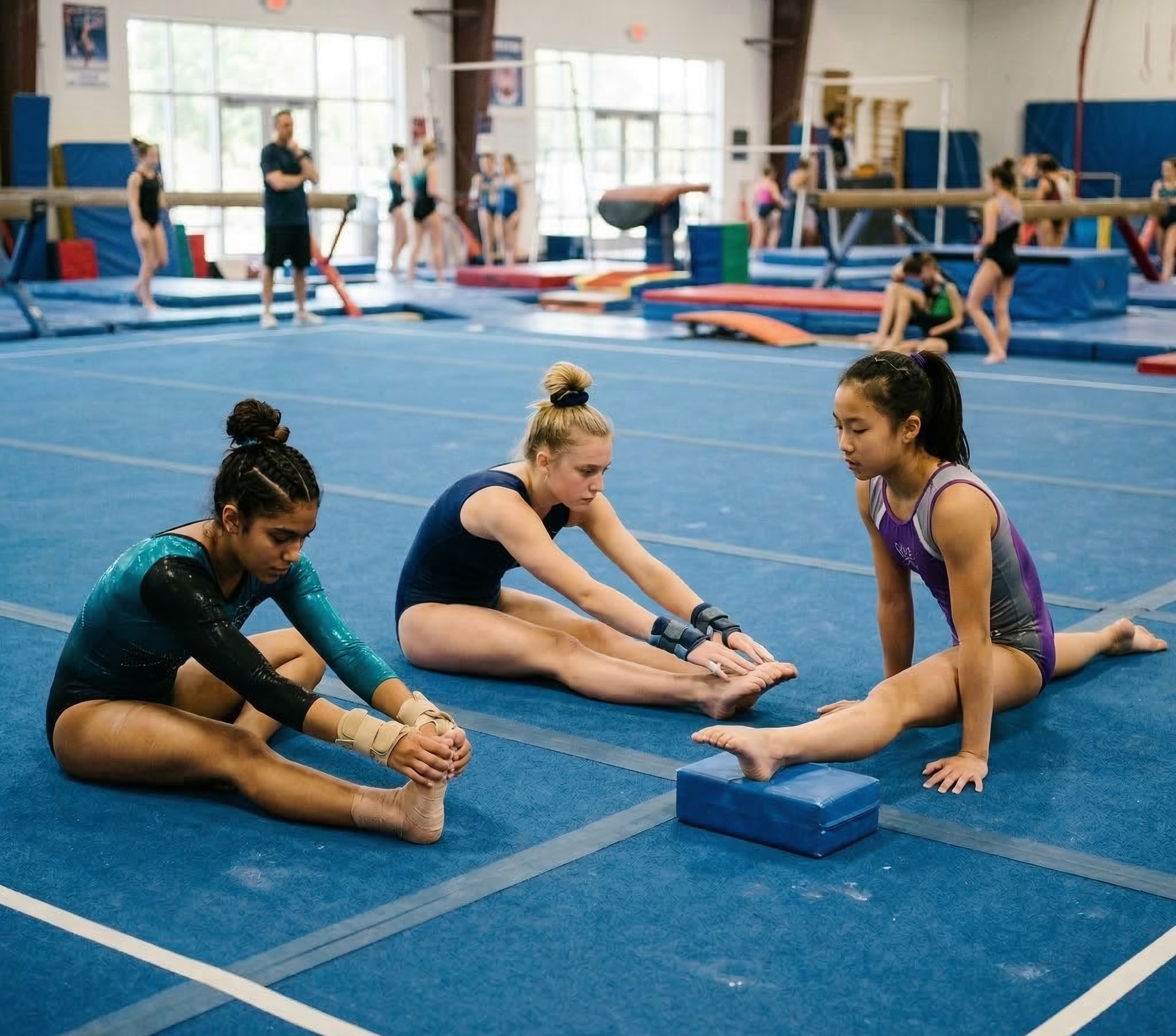 Gymnasts stretching together on the floor in a gym during practice