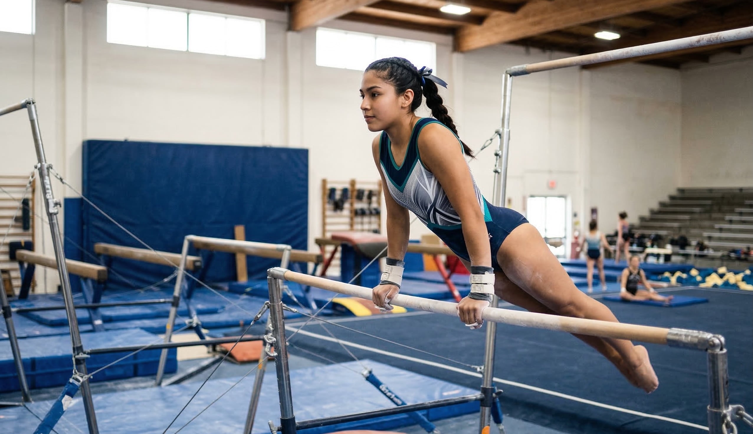 Gymnast training on the uneven bars in a gymnasium