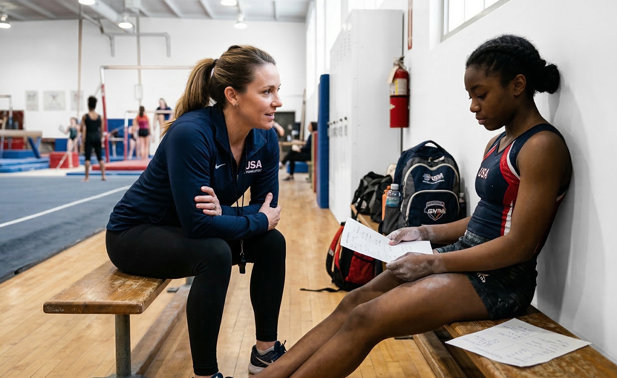 Gymnast and coach or dietitian reviewing information together in a gym setting