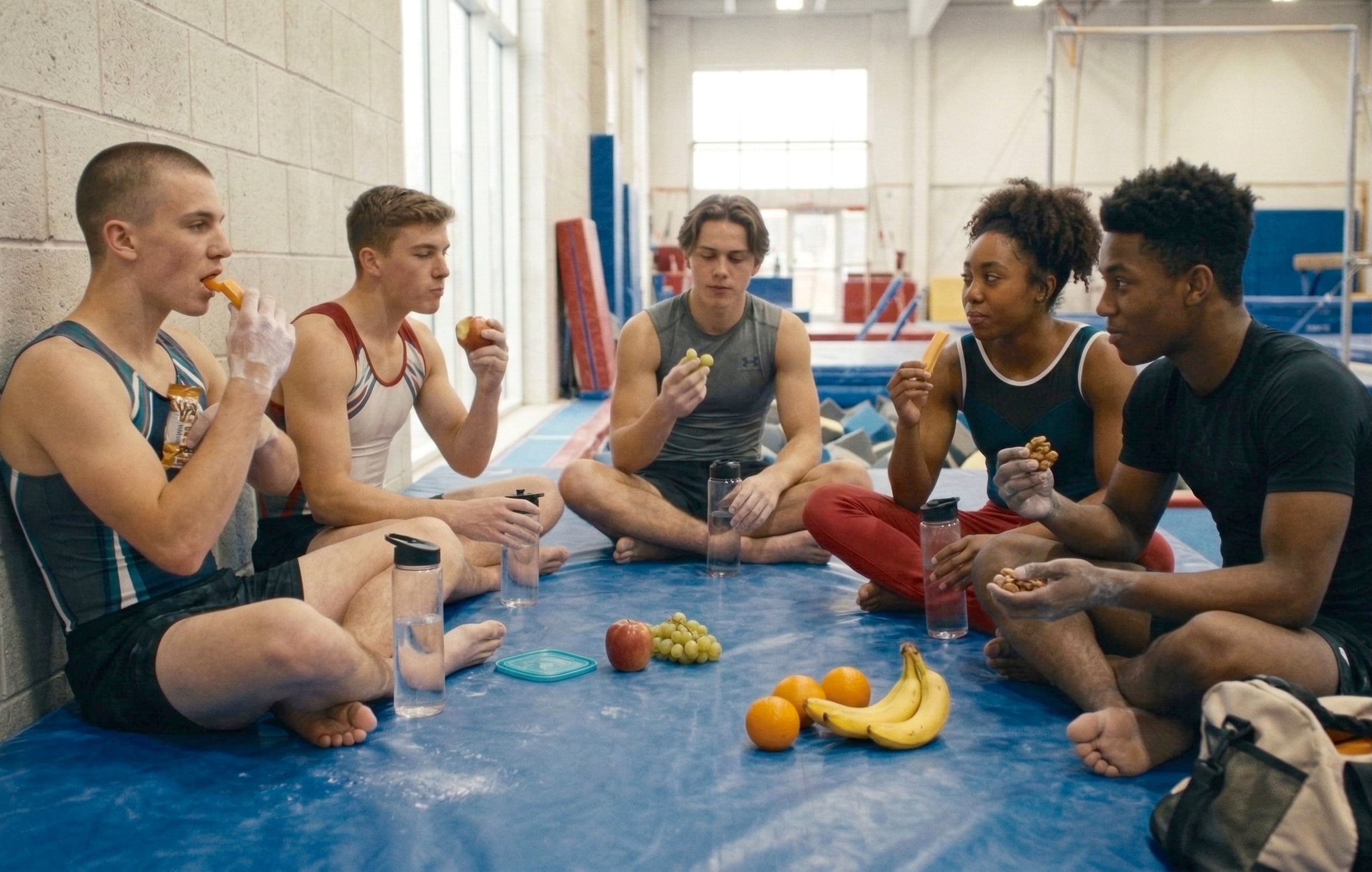 Group of gymnasts sitting together with a coach, reviewing information