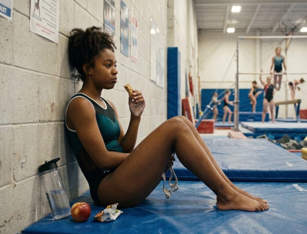 Young gymnast sitting on the gym floor, looking thoughtful