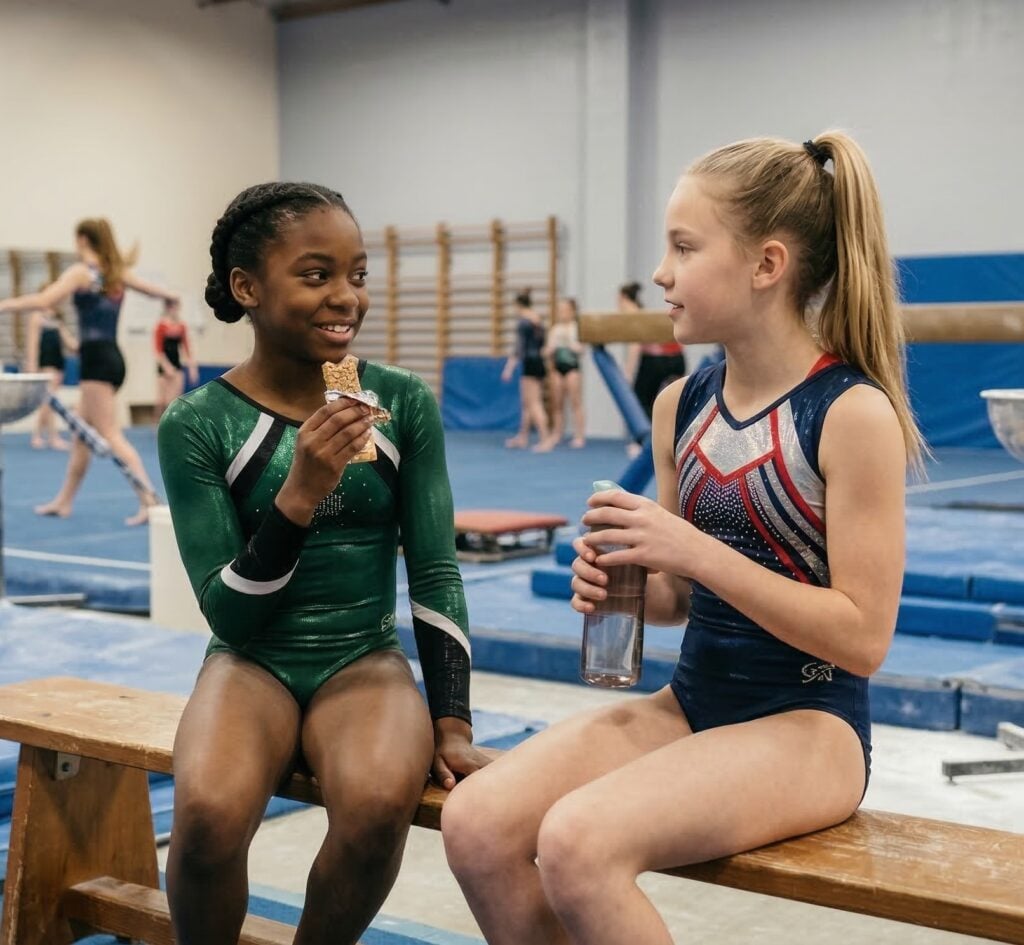 Two gymnasts in leotards eating snacks together in the gym, one in a green leotard and one in a red and blue leotard