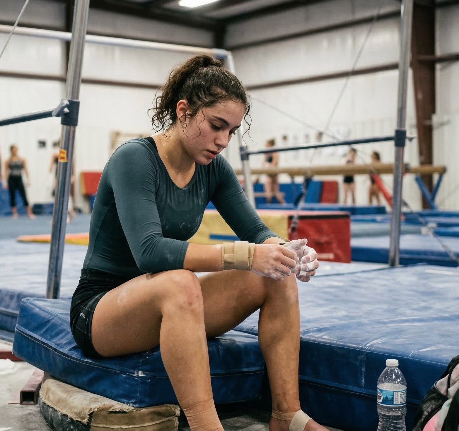 Gymnast sitting down during practice looking tired