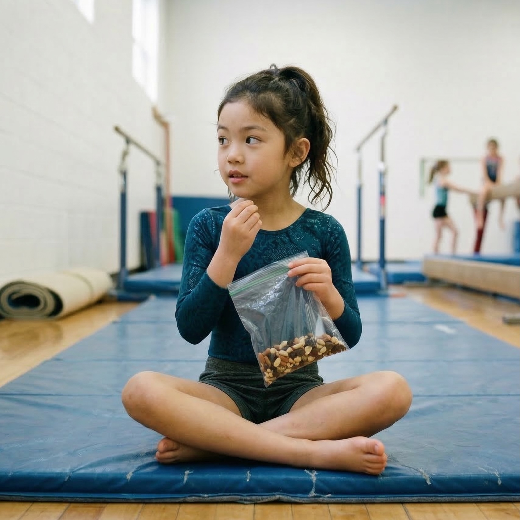 Young gymnast sitting cross-legged on the gym floor, eating a snack