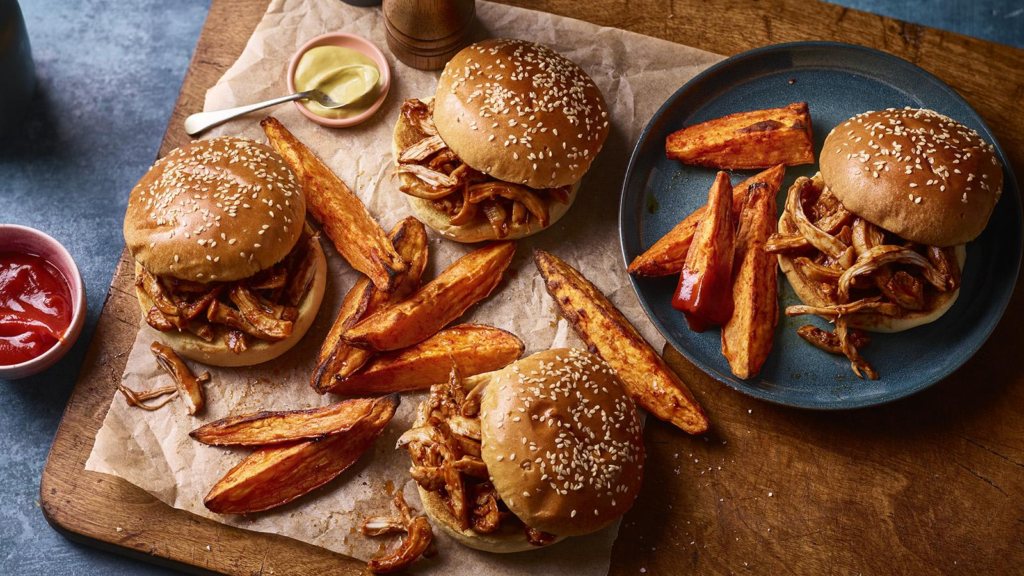 BBQ chicken sliders and sweet potato fries, a delicious and satisfying meal option.